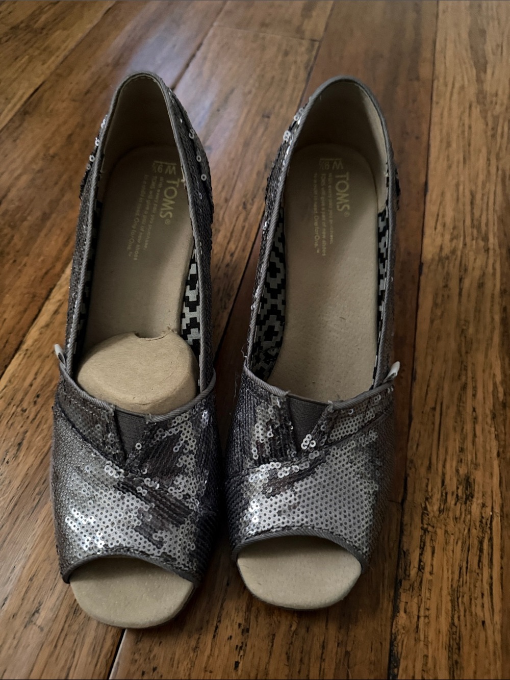 Toms Sequin Peep-Toe Wedges in Silver